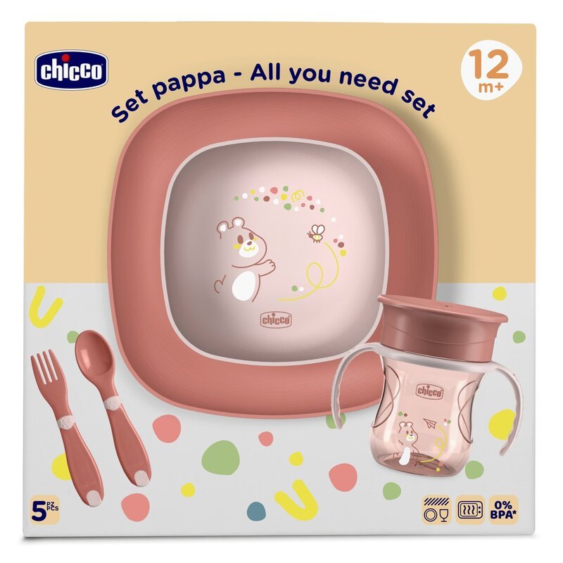 طاقم صحن أكل وكوب وملعقة وشوكة تشِيكُو WEANING SET وردي +12M